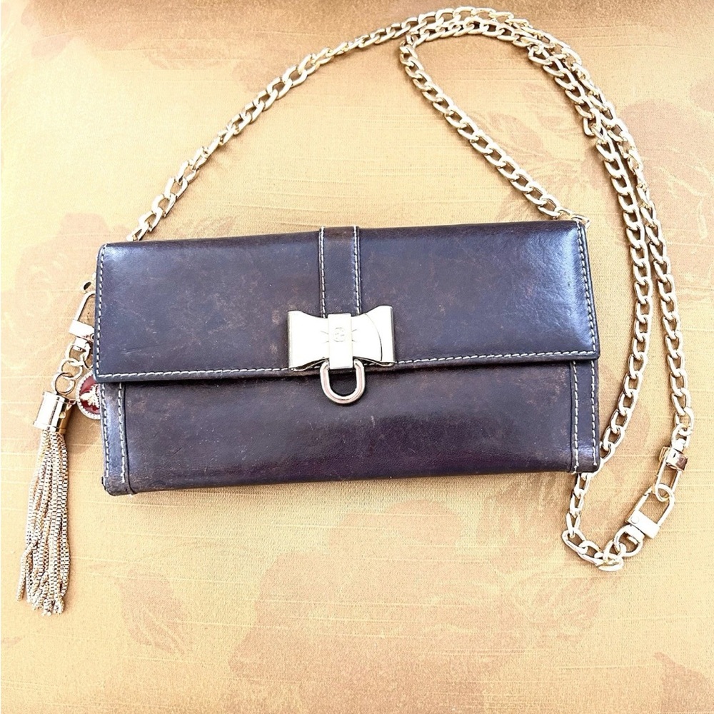Gucci GG Gold Bow Long Bi-Fold Brown Leather Wallet with Unbranded Chain